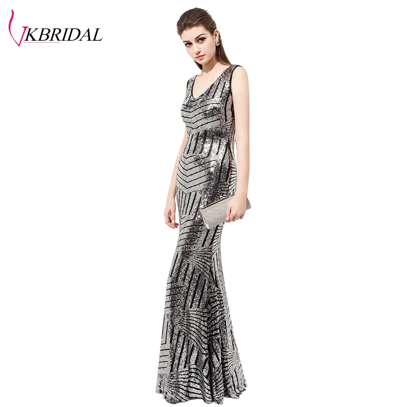 

VKBRIDAL Women's Grey V-Neck Mermaid Bridesmaid Dresses Plus Size Long Sequined Formal Party Gowns Vestidos de Noche
