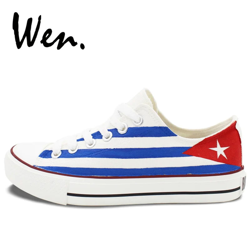 Вэнь Дизайн Пользовательские Ручная роспись обувь Куба флаг низкий верх мужские женские белые парусиновые кроссовки на платформе плимсоллы на плоской подошве со шнуровкой