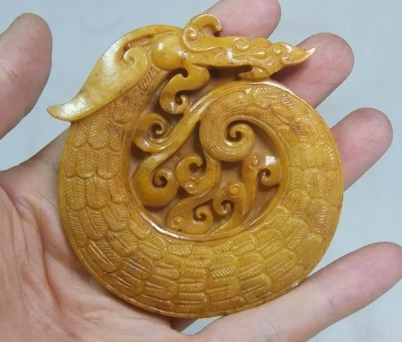 Старинная китайская ручная работа YELLOW JADE резная подвеска с драконом|jade pendant