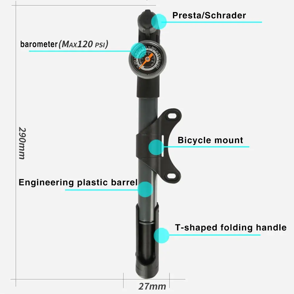 Портативный мини велосипедный насос 120PSI, велосипедный воздушный насос для шин высокого давления с манометром для клапана Presta Schrader