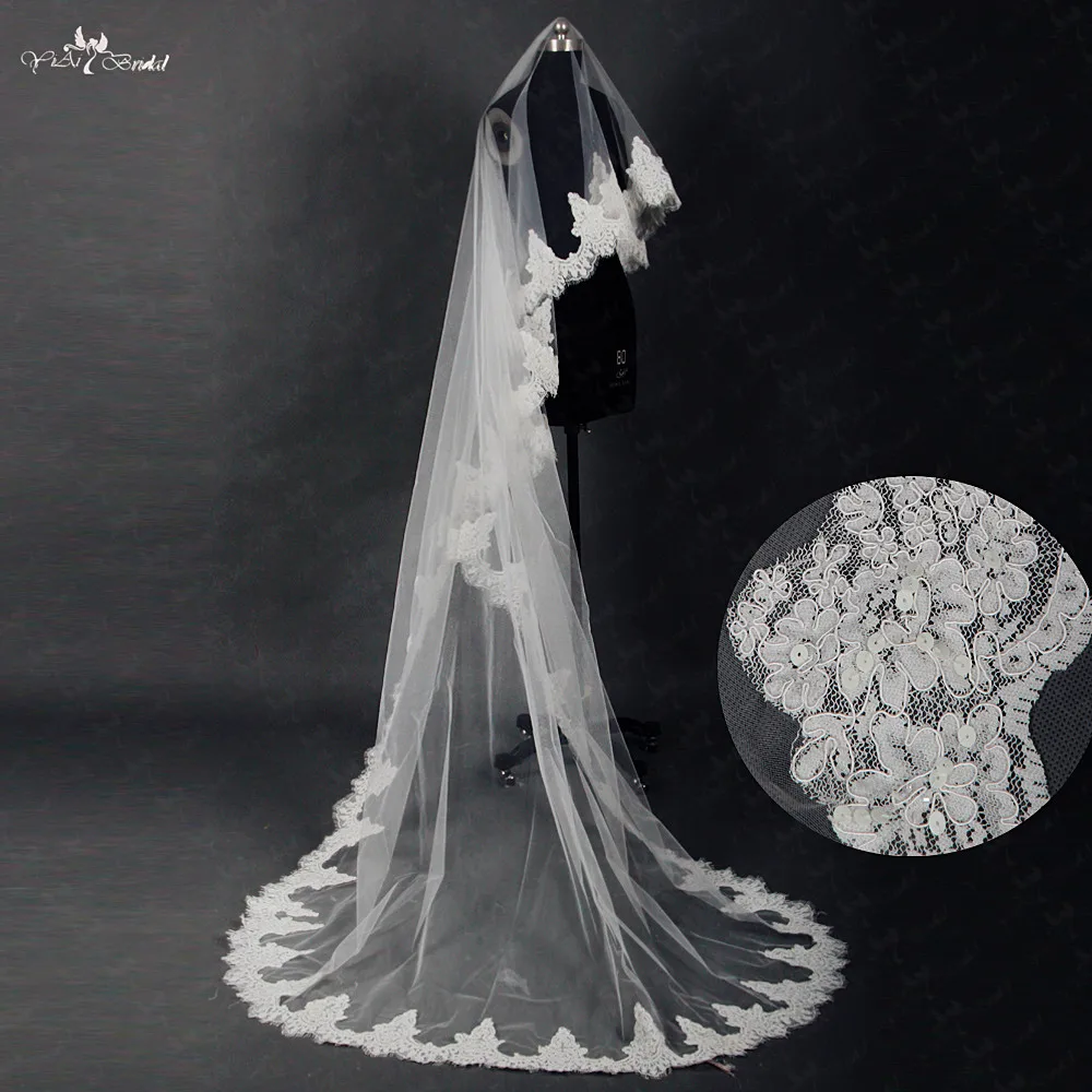 Rsv14 Long Veil Wedding Gauze Sequins Lace White Bridal Veils