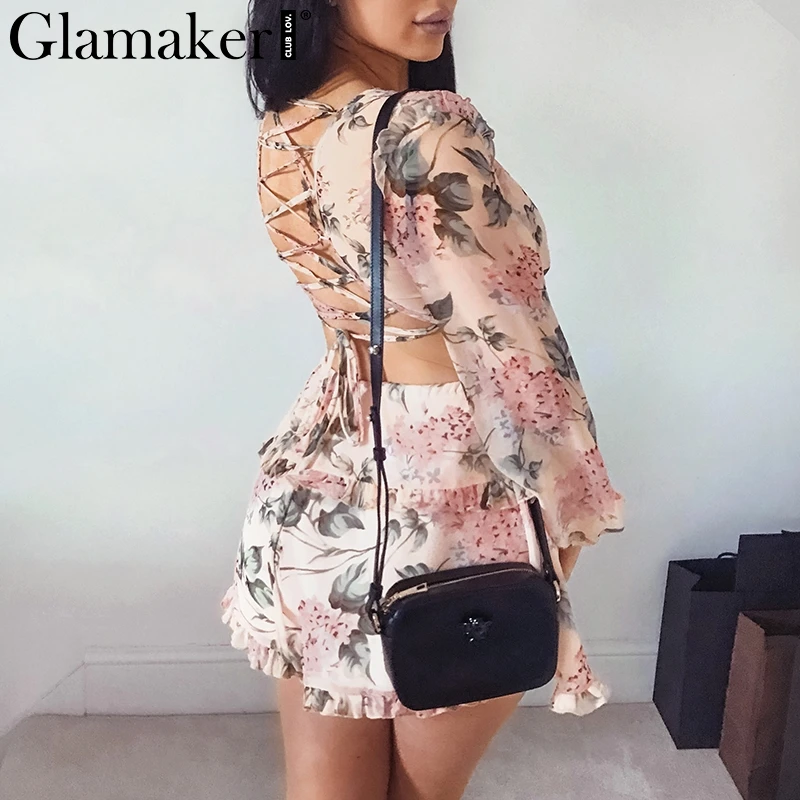 Glamaker Sexy floral print chiffon bandage Jumpsuit Romper V Neck lace up high waist Short jumpsuit summer women sexy playsuit