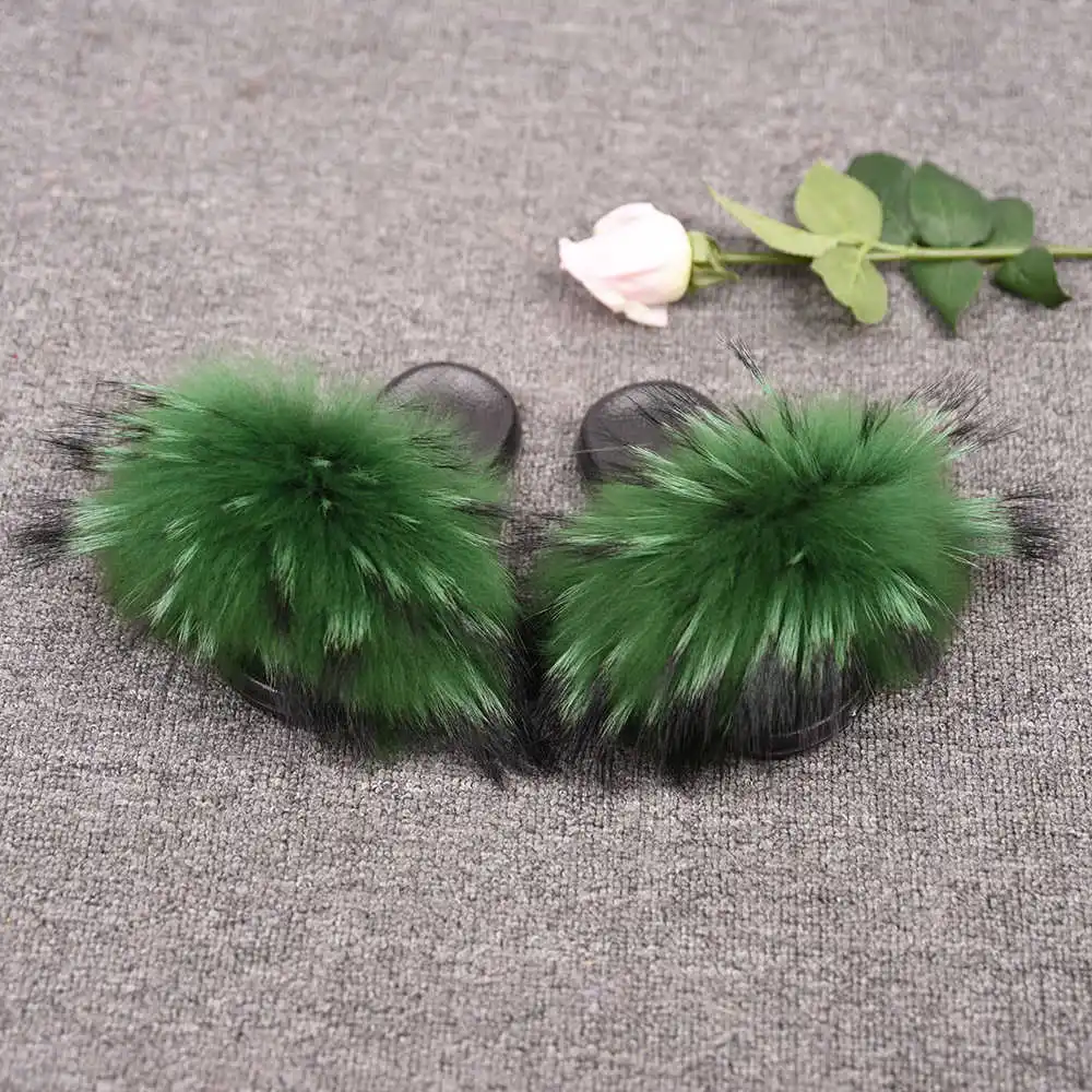 Kids Green Raccoon Детские меховые тапочки; шлепанцы с натуральным мехом енота; детская обувь; большой пушистый мех; стиль для мамы и ребенка; S6024 - Цвет: Kids Green Raccoon