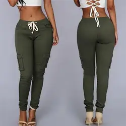 Женские повседневные узкие брюки-карандаш, женские осенние брюки с завязками на талии, армейский зеленый брюки, женские эластичные длинные