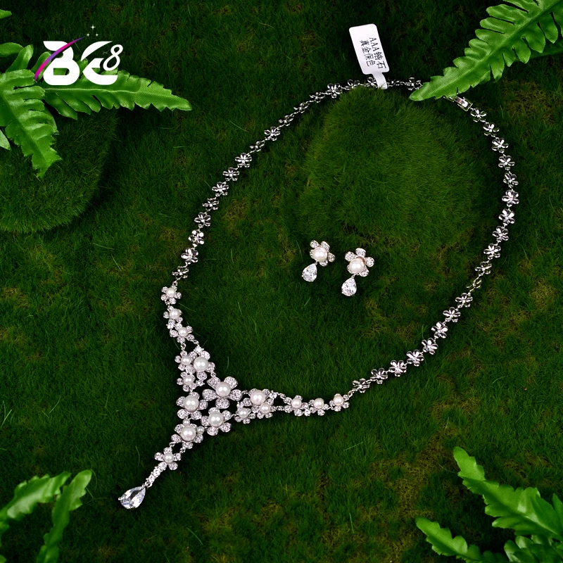 

Be 8 Classic Pearls Bridal Jewelry Sets for Women White Color AAA CZ Necklace Earring Sets Wedding Jewelry parure bijoux femS039