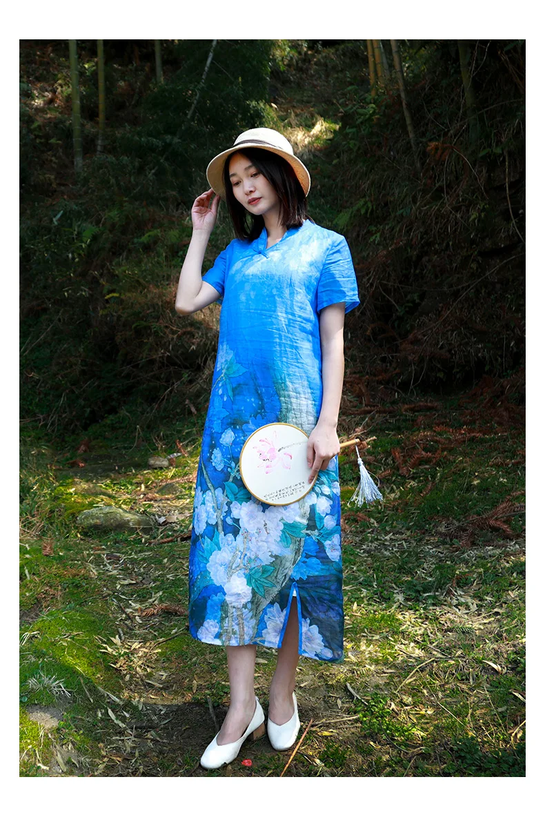 LZJN Women's Summer Dresses Flax Linen Cheongsam Qipao Collar Chinese Style Royal Blue Long Dress (17)
