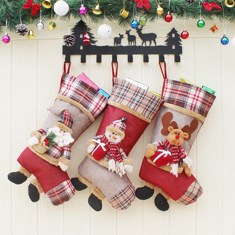 New Year Decor Christmas Stocking Socks Plaid Santa Claus Candy Bag Gift Holder Xmas Tree Hang Pendant Decoration For Home Party | Дом и сад