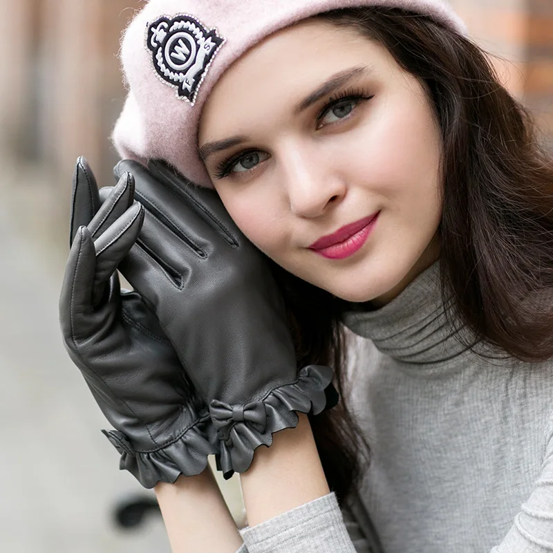 Genuine Leather Women Gloves Autumn Winter Plush Lined Keep Warm Wrist Flounced High Quality Goatskin Female Mittens ZX72