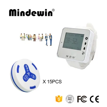 

Mindewin 433MHz Restaurant Pager 15PCS Table Call Button M-K-3 and 1PCS Watch Pager M-W-1 Wireless Waiter Service Calling System