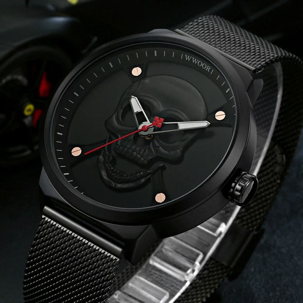 

Relogio Masculino WWOOR Men Watch Top Brand Casual Black 3D Skull Full Steel Waterproof Military Sport Male Quartz Wristwatches