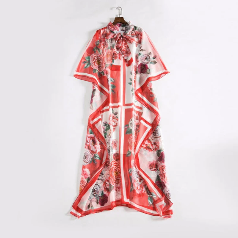 De 2018 Printemps Longue En Soie Manches Fleur Rose Féminine Robe Col B030 Arc Femmes Été Chauve Lâche Mousseline Maxi Robes Imprimé Printed souris ptqqwPE