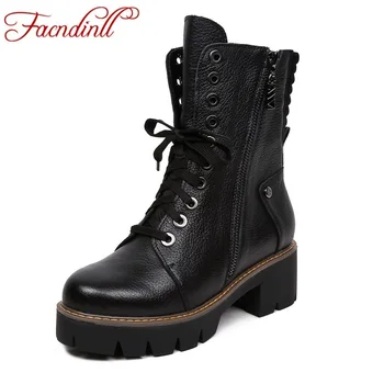 

FACNDINLL women boots fashion genuine leather shoes woman ankle boots med heels round toe black motorcycle boots casual shoes