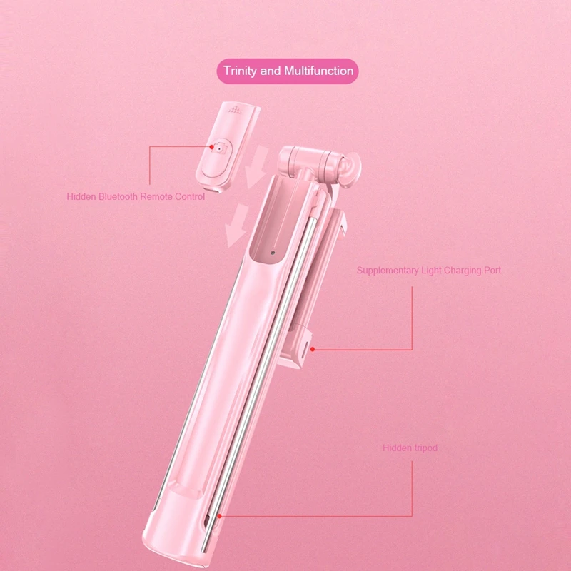 Розовый селфи-Палка с Bluetooth Беспроводной дистанционного Управление штатив-Трипод с Красота светодиодный вспышка заполняющий светильник держатель для мобильного телефона Гибкий штатив