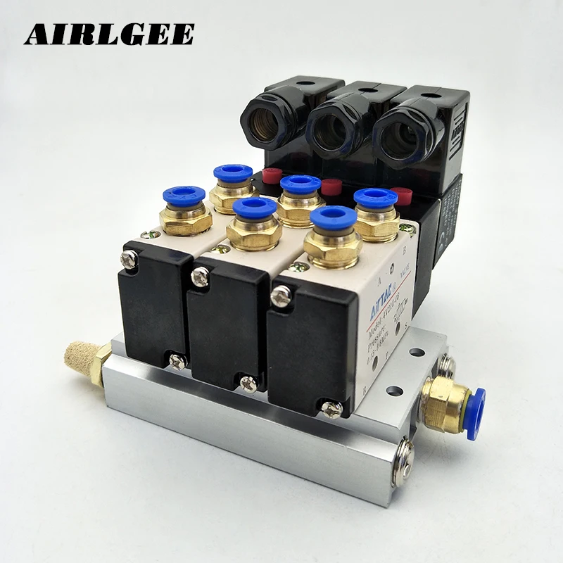 High quality 4V210-08 2 Position 5 Way DC24V 3 Sets Pneumatic Solenoid Valve w Muffler Base Free shipping High quality 4V210-08 2 Position 5 Way DC24V 3 Sets Pneumatic Solenoid Valve w Muffler Base Free shipping