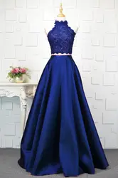 Онлайн Холтер бордовый Royal Blue Lace Вечерние платья Длинные Пром платье Vestido Longo; платье для выпускного вечера 2018 Свадебные вечерние платье 052