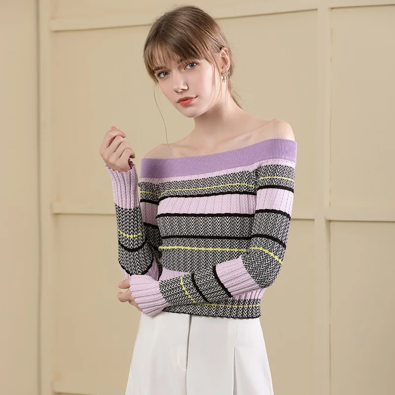 Striped print patchwork off shoulder slash neck elastic knit pullovers sweater shirts 2018 new women autumn short sweater 
