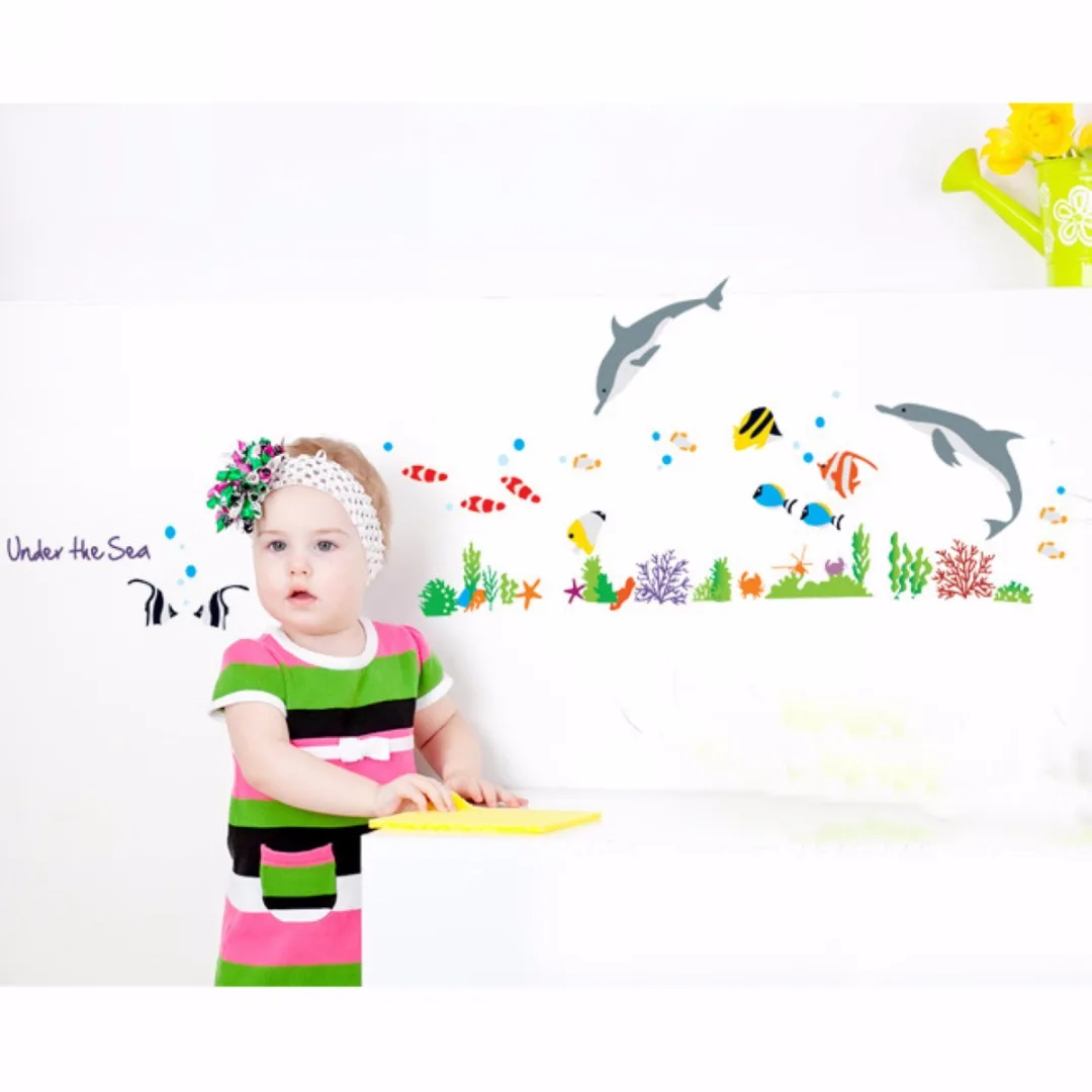 Newest  Dolphin & Fish Bathroom Decor Wall Stickers Paper Kids Bedroom Vinyl Paper