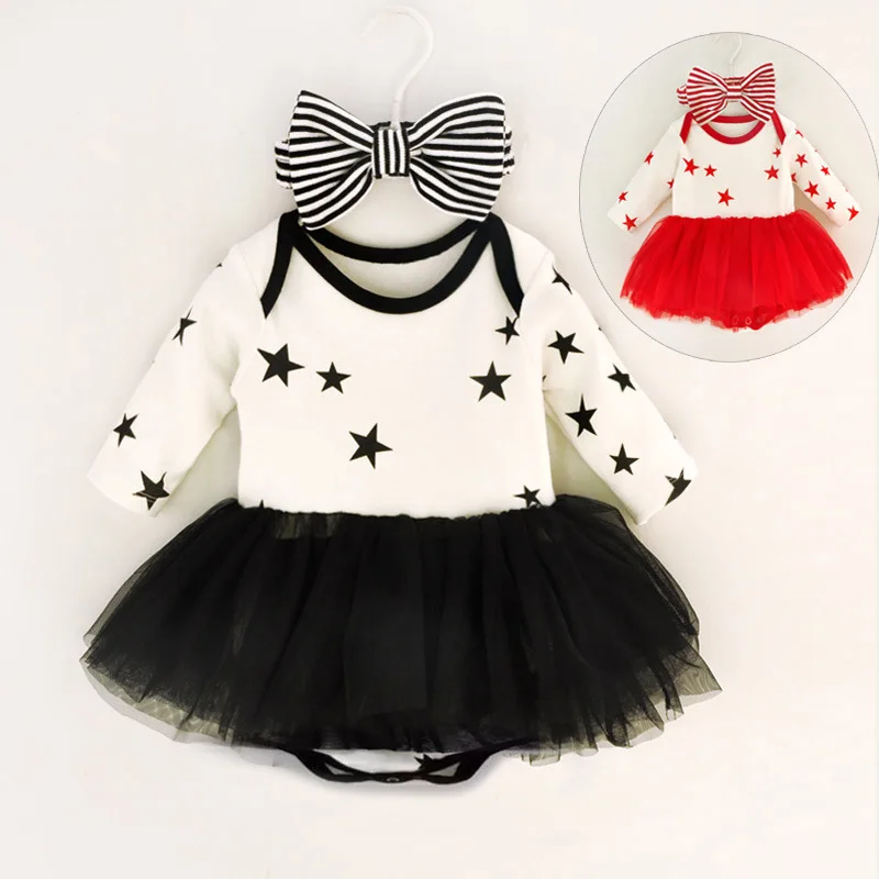 

Newborn Girl Tutu Bodysuit Dress With Headband Baby Girl Cotton Striped Star 1piece Body Dresses Infant Girls Clothing 3m 6m New