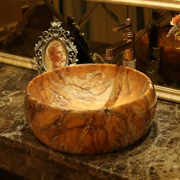 

China Artistic Handmade Ceramic wash basin Round Counter top bathroom ceramic wash basin bathroom sinks