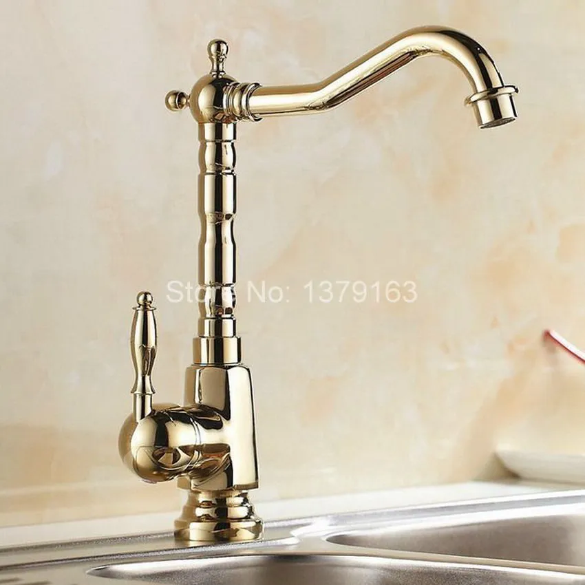  Luxury Modern Gold Polished Brass Single Handle Swivel Spout Bathroom Kitchen Sink Faucet Cold & Ho - 32362139877