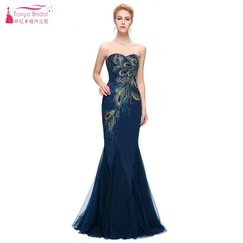 

TANYA Navy Blue Long Evening Dress Embroidery Elegant Formal Lady Gown Mermaid Prom Dresses JQ282