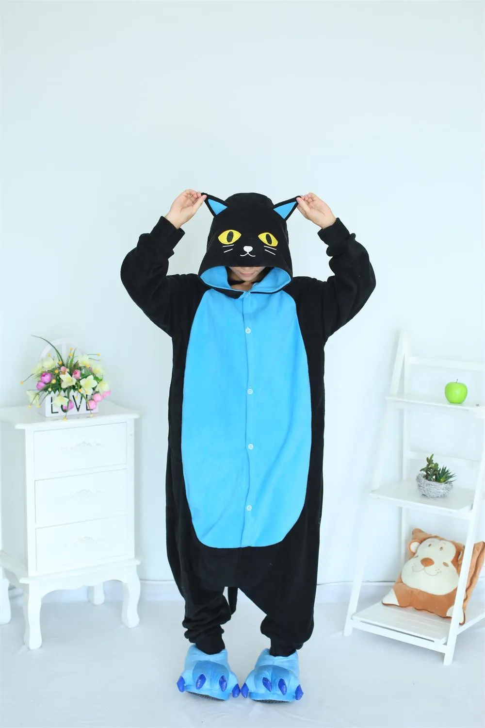 L de Felpa de una Pieza Pijama Unisex de Gato Negro para Adulto Talla S Wanziee Disfraz de Animal M XL con Capucha 