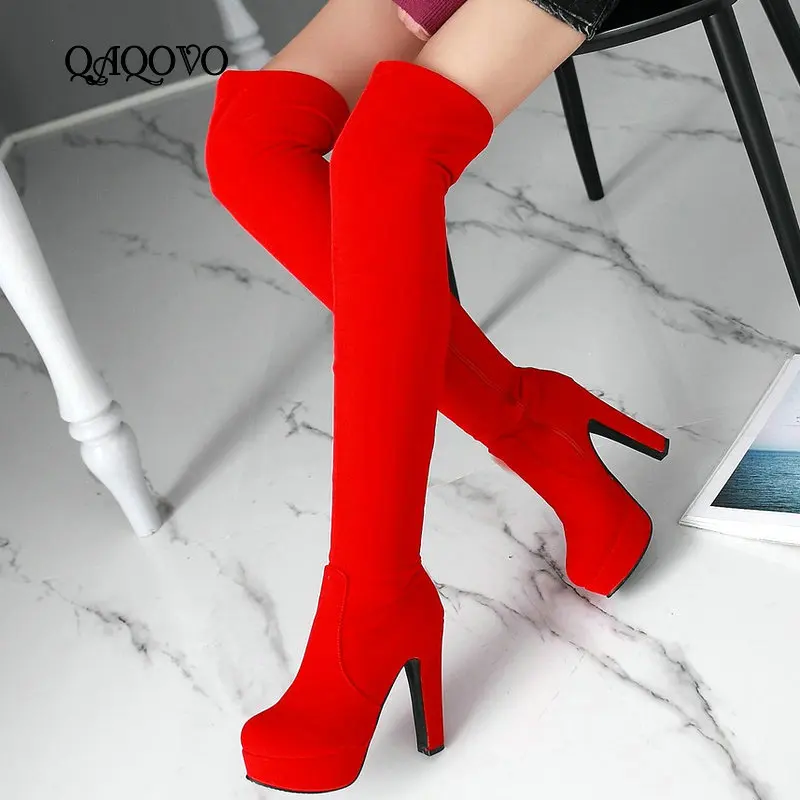Tanie Kobiety zimowe pluszowe buty stado kwadratowe szpilki na buty do kolan platforma Zipper buty jesienne zimowe modne buty dla pań