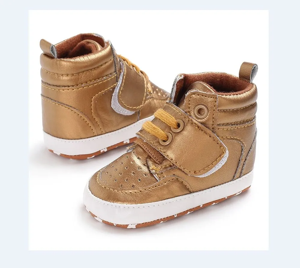 Обувь для новорожденных мальчиков и девочек с мягкой подошвой; теплые ботинки; нескользящие кроссовки; Размеры 0-18 м; UK Hook - Цвет: Золотой