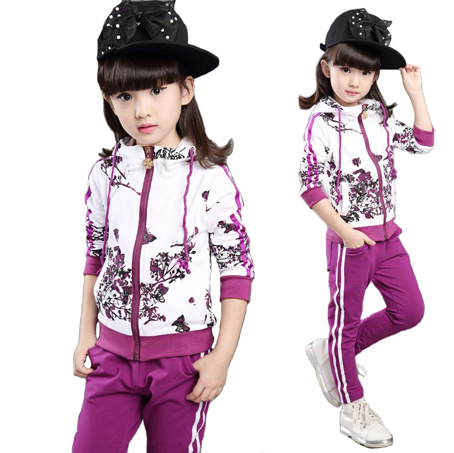 Tanie 2019 nowa wiosna jesień dziewczyny aktywne ubrania kurtka Floral bluzy sportowe + spodnie 2 sztuk zestaw kombinezon dzieci dziewczyny 4 14y zestawy odzieżowe