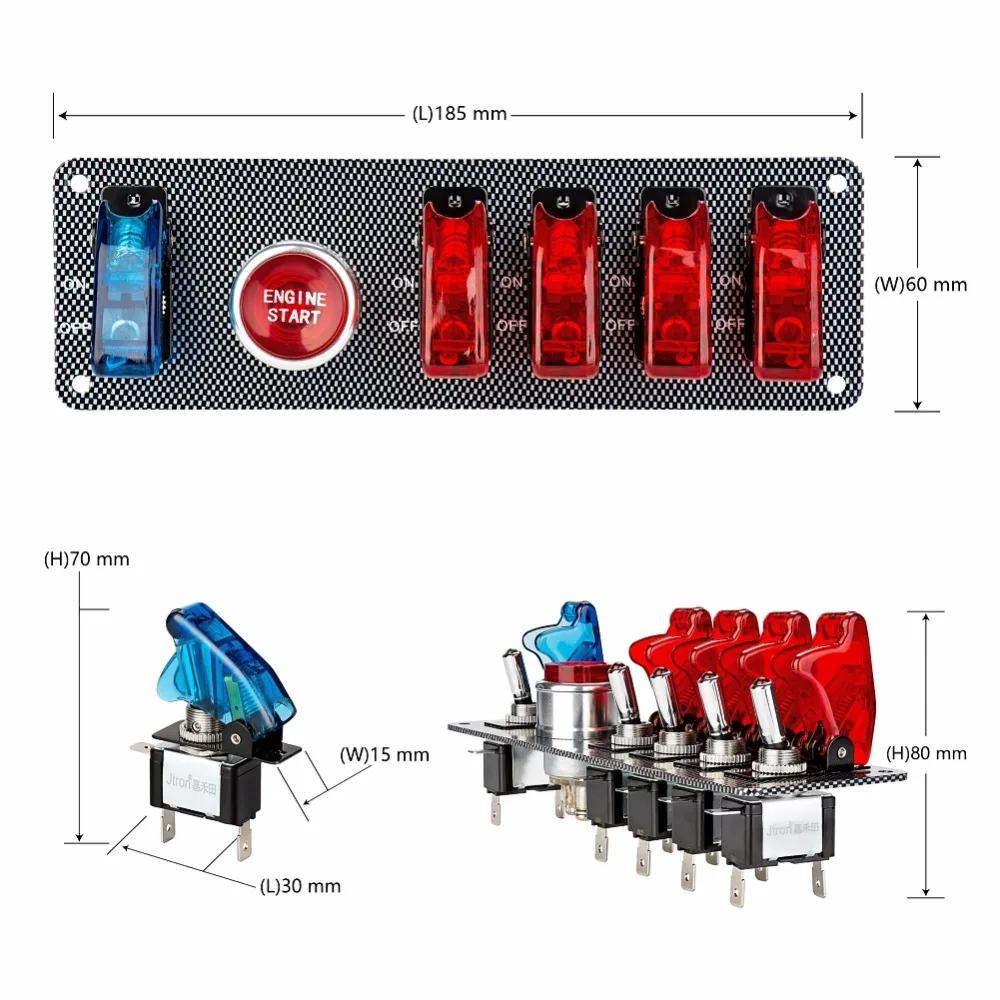 Jtron DC12V углеродное волокно Гоночный Автомобиль Переключатель зажигания панель+ 5 светодиодный тумблер комбинированный переключатель для гонок Спорт конкурентоспособная