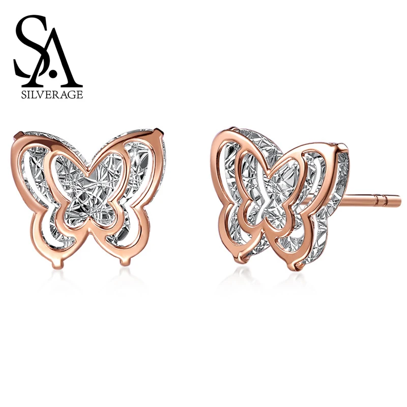 

SA SILVERAGE AAA Zirconia Earrings Animal Gold Stud Earrings Earring 18K Yellow Gold Butterfly Double 3D Stud Earrings for Women