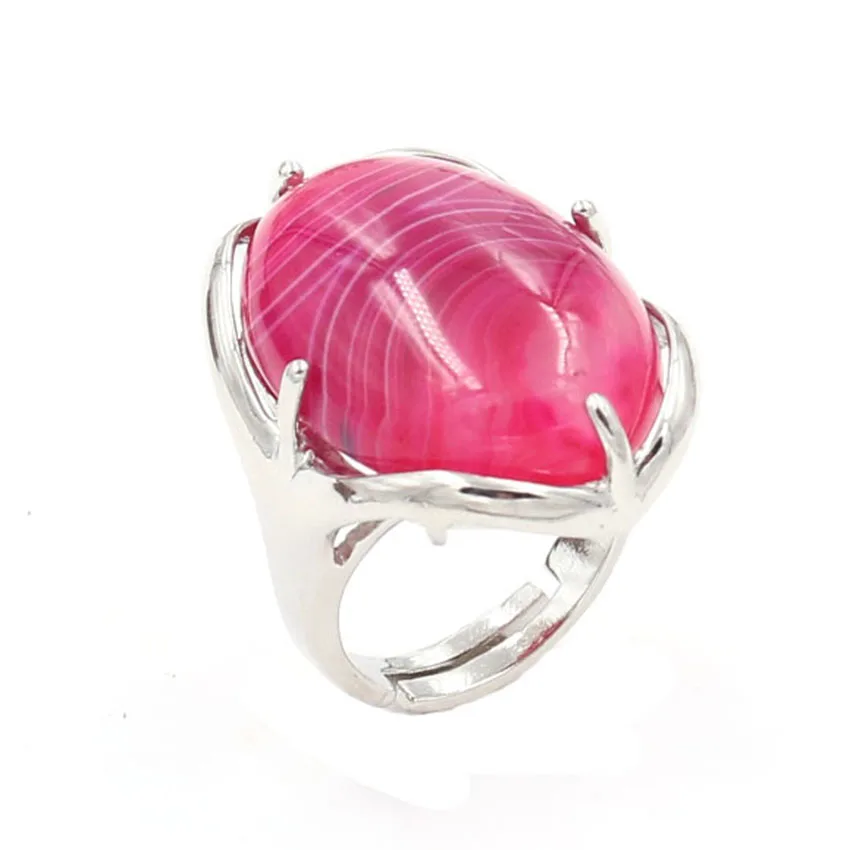 

YJXP Silver Plated Oval Shape Adjustable Finger Wedding Ring Stripe Rose Red Agates Fashion Jewelry