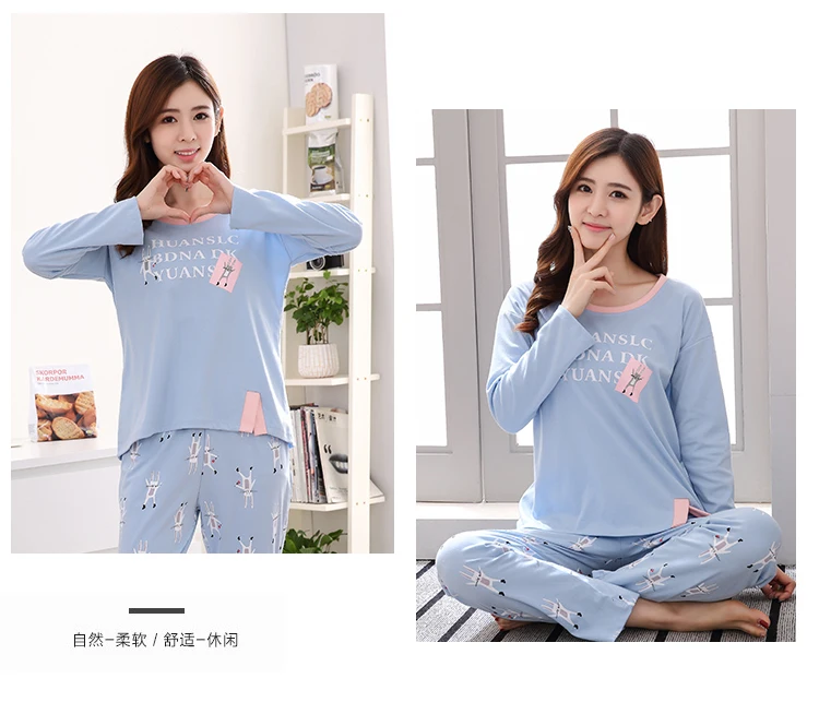 Womens Pajamas Sets Long sleeve cotton pajamas suit Women spring cartoon casual sleepwear long Pyjamas for women XXXL