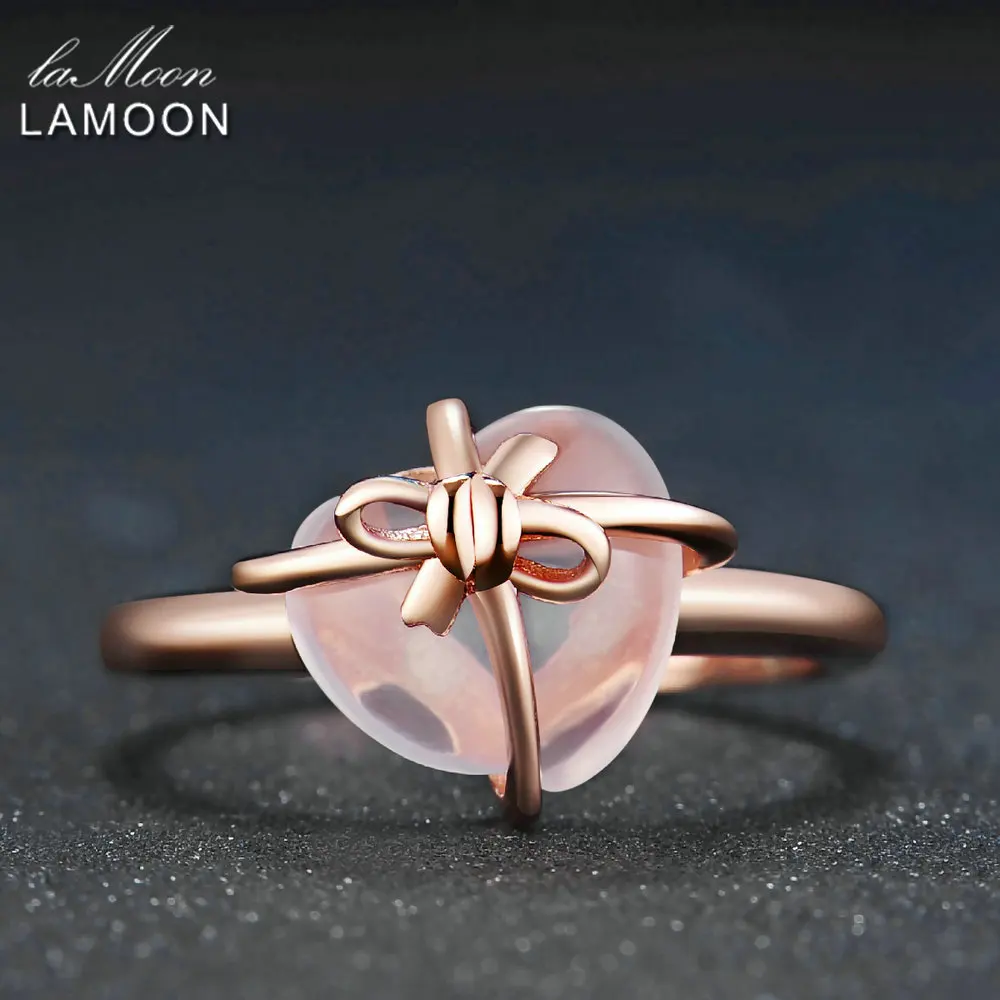 LAMOON Heart 9x10mm 100% Natural Gemstone Rose Quartz 925 Sterling Silver Jewelry Wedding Ring with LMRI051