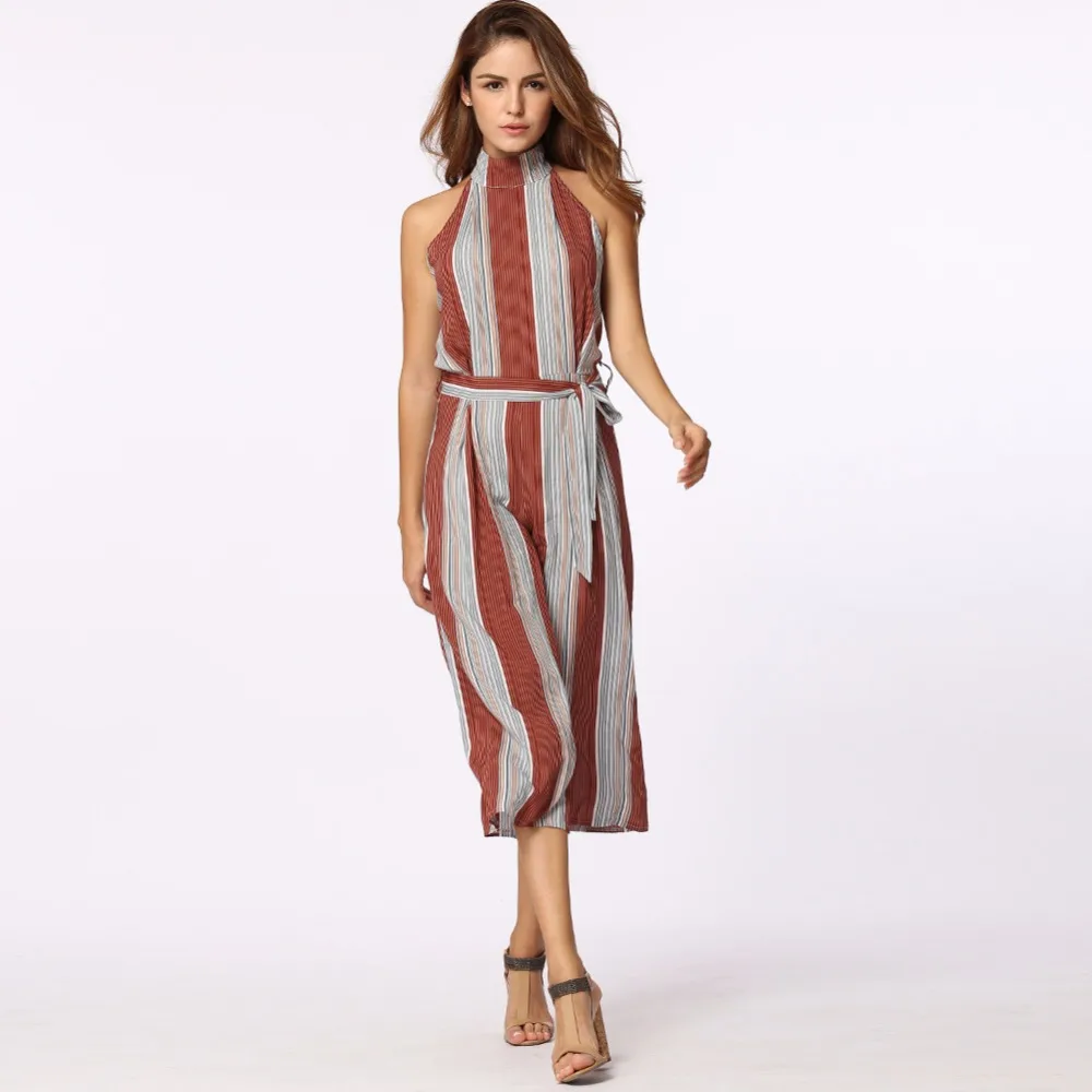 Halter Backless Striped Sexy Jumpsuit Womens Rompers