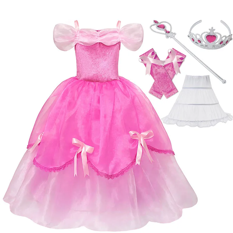 

Kids Off Shoulder Pink Summer Party Dress with Gloves Sleeping Beauty Aurora Cosplay Costume for Girls Christmas Ball Gown Frock