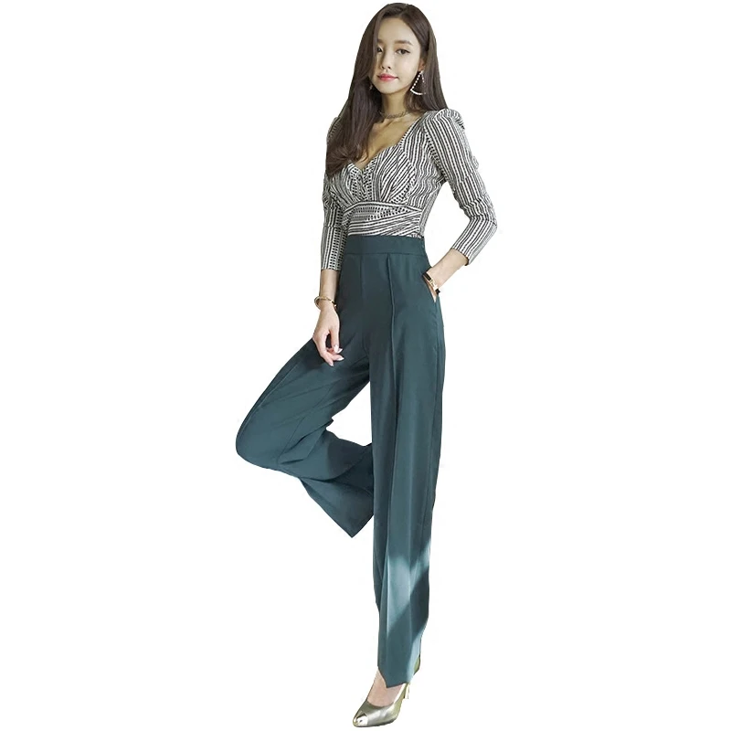 

2 Piece Set 2018 Autumn Women OL Business Suit Elegant Office Long Sleeve V-Neck Tops and Wide Leg Pants Set Two Piece Pant Suit