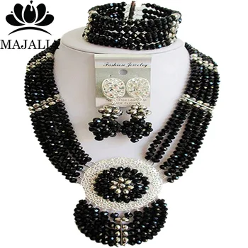

Majalia Fashion Nigeria Wedding African Beads Jewelry Set Black and Silver Crystal Necklace Bridal Jewelry Sets 6DN022