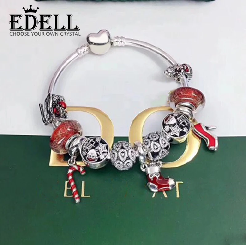 

EDELL 100% 925 Sterling Silver NEW Christmas Bracelet Set Santa Socks Sleigh Charm Original Jewelry Women Charming Gifts