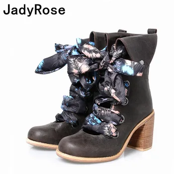 

women autumn botas high heels boots gladiator 8cm chunky heels booties lace up zapatos mujer fashion ladies boots shoes woman