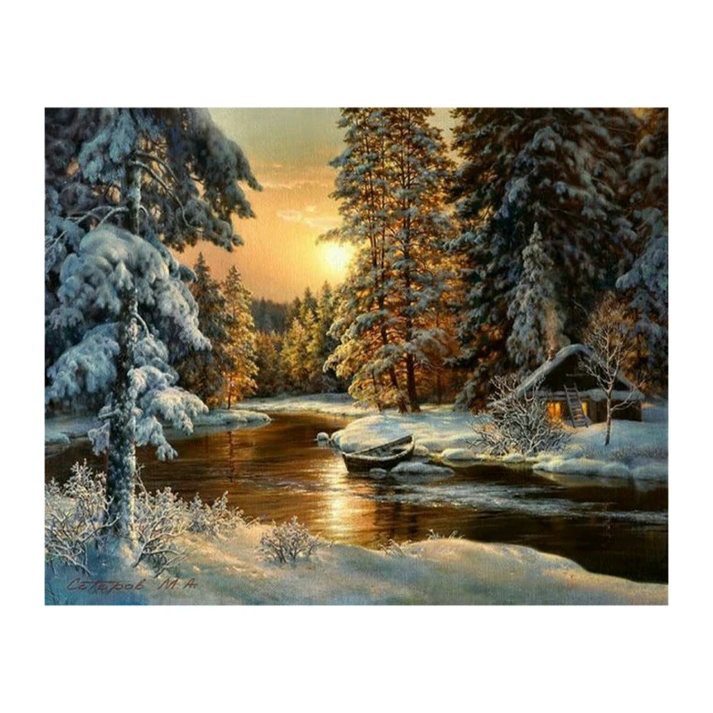 DIY Diamond Painting Cross Stitch winter sunset landscape round rhinestone mosaic Picture 5D diamond embroidery snow tree icon 