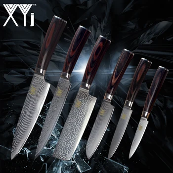 

XYj New Arrival 2018 Damascus Knife Set VG10 Damascus Steel Color Wood Handle Knife Damascus Pattern Kitchen Accessories