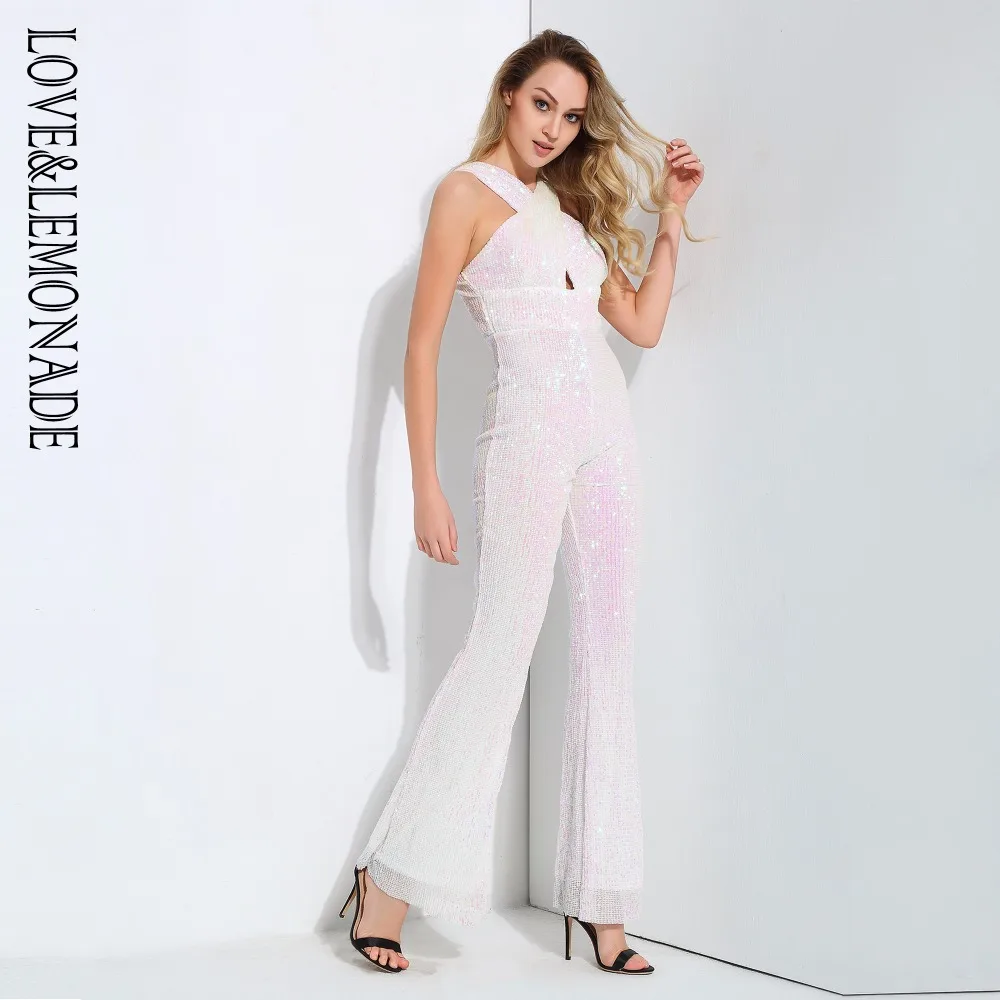 

Love&Lemonade Cut Out White Elastic Sequins Slim Trumpet Style JumpsuitLM0872