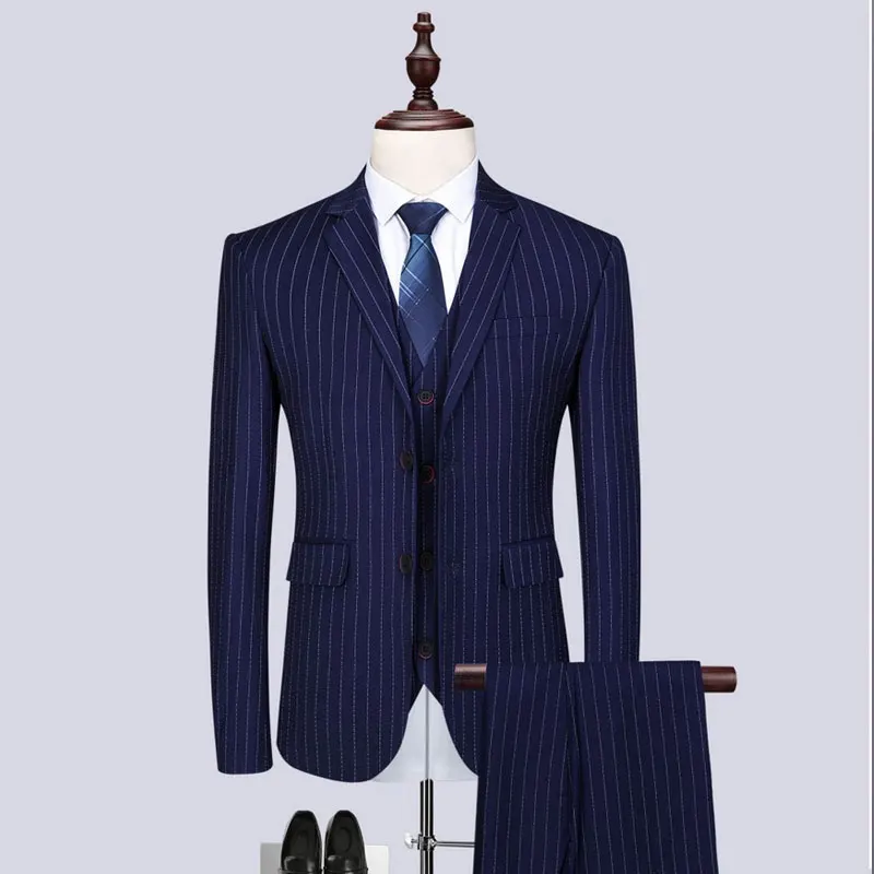 

(Jacket+Vest+Pants)2019 High quality Men Suits Fashion Stripe Men's Slim Fit Business Groomsmen Best Men Wedding Suit Man Blazer