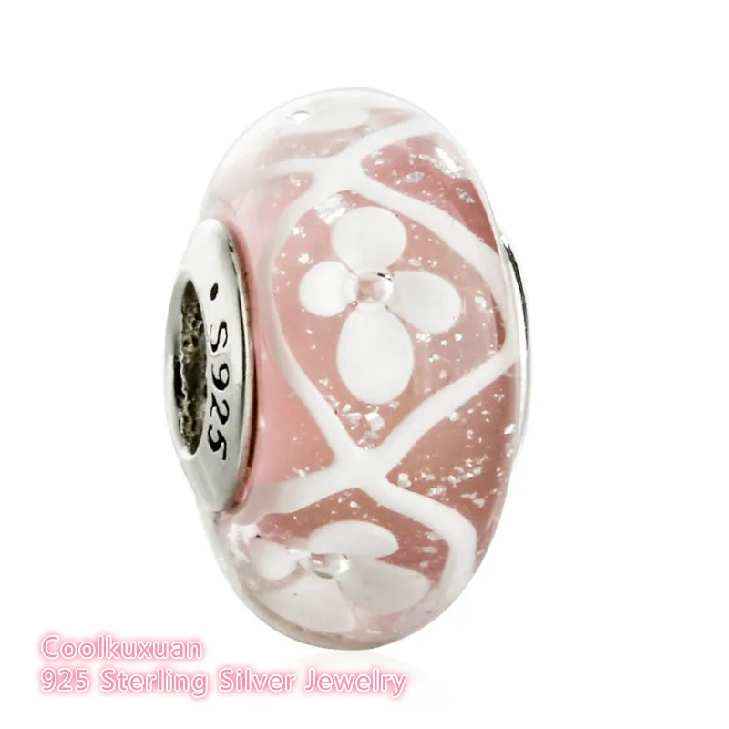 

Spring Pink Field of Flowers Murano Charms 925 Sterling Silver Glass Beads Fits Brand Bracelets Diy Jewelry Making