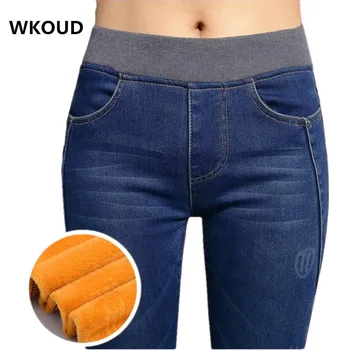 

2019 Winter Jeans For Women High Waist Stretch Thickening Jean Scratched Gold Fleeces Denim Pencil Pants Hot Trousers P9105