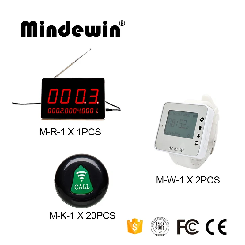

Mindewin Restaurant Waiter Buzzer Systems 1PCS LED Display Panel M-R-1 + 2PCS Watch Pager M-W-1 + 20PCS Call Button M-K-1