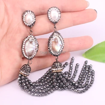 

4Pair hematite beads tassel earrings with pearl bead pave cz dangle earrings drop earring for women jewelry