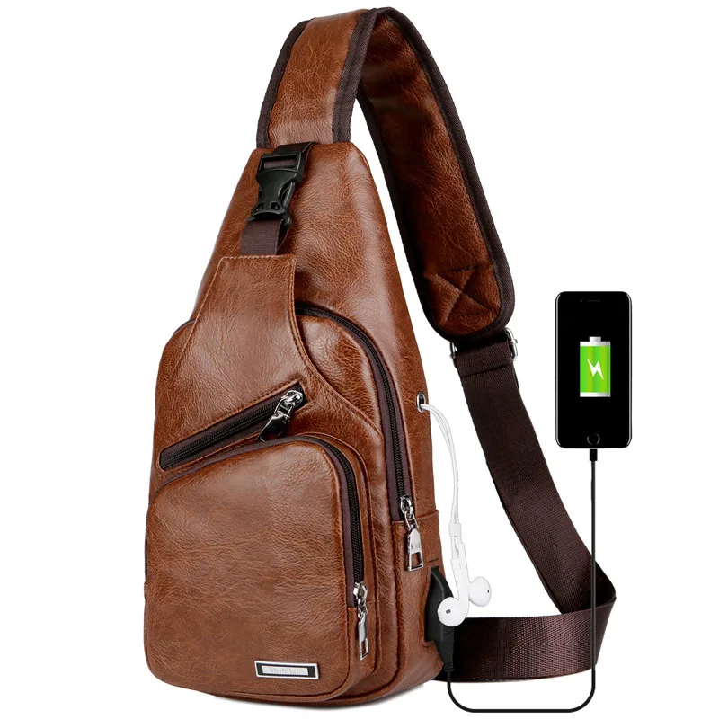 

Men's Fashion Crossbody USB chest Bag Theftproof Rotatable Button Open Leather Chest Bags Men Shoulder Bags Chest Waist Pack