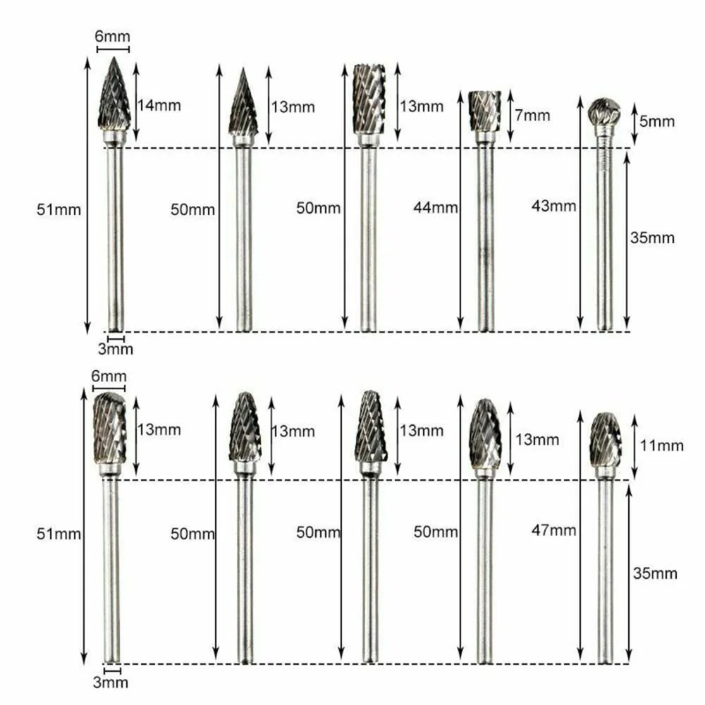 10 * шлифовальный роторный набор инструментов HRC70 Driil карбида вольфрама Замена Высокое качество запчасти для инструментов аксессуары